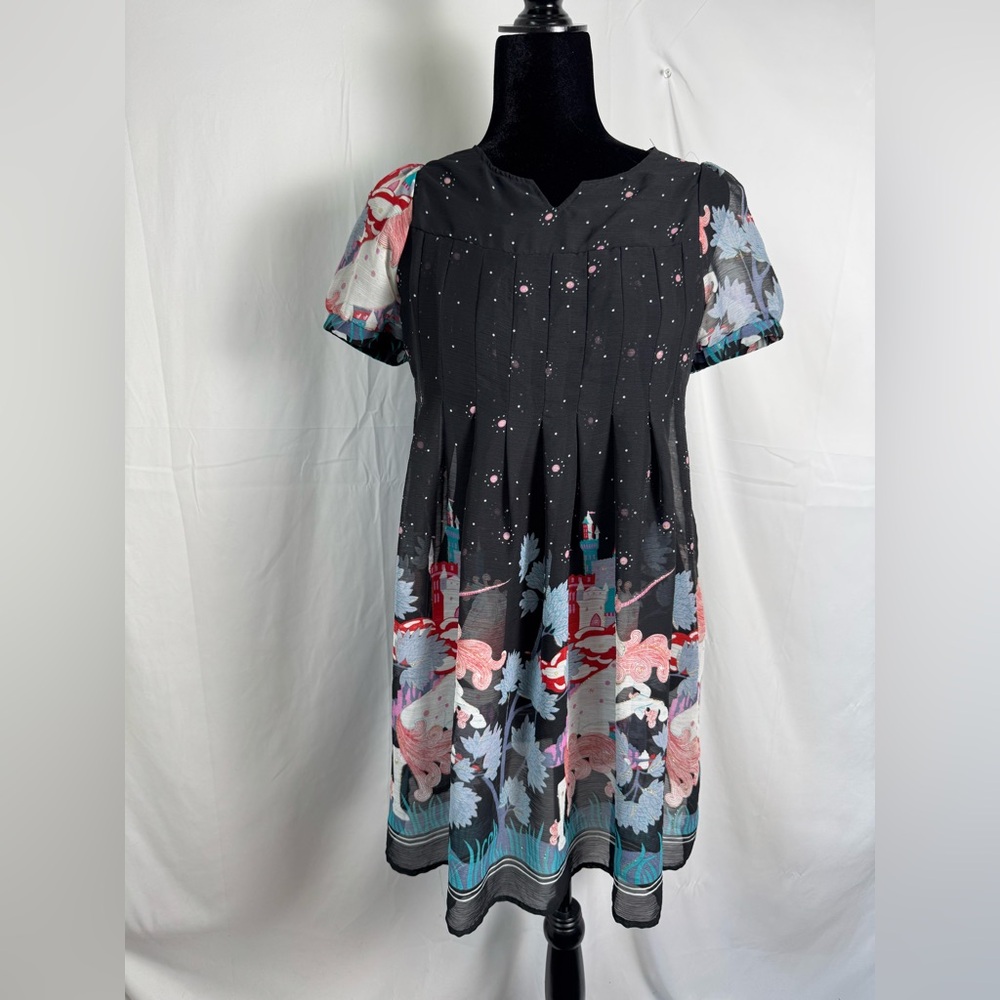 Lucca Small Black Unicorn Castle Vintage Polyester Mini Dress